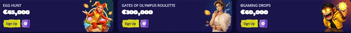 Casino jackpot banners featuring Egg Hunt, Gates of Olympus Roulette, and BGaming Drops, with prize amounts of €45,000, €300,000, and €60,000 plus sign-up buttons.