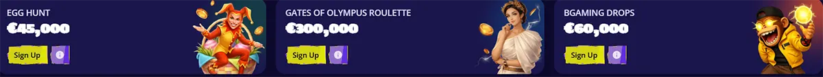 Casino jackpot banners featuring Egg Hunt, Gates of Olympus Roulette, and BGaming Drops, with prize amounts of €45,000, €300,000, and €60,000 plus sign-up buttons.