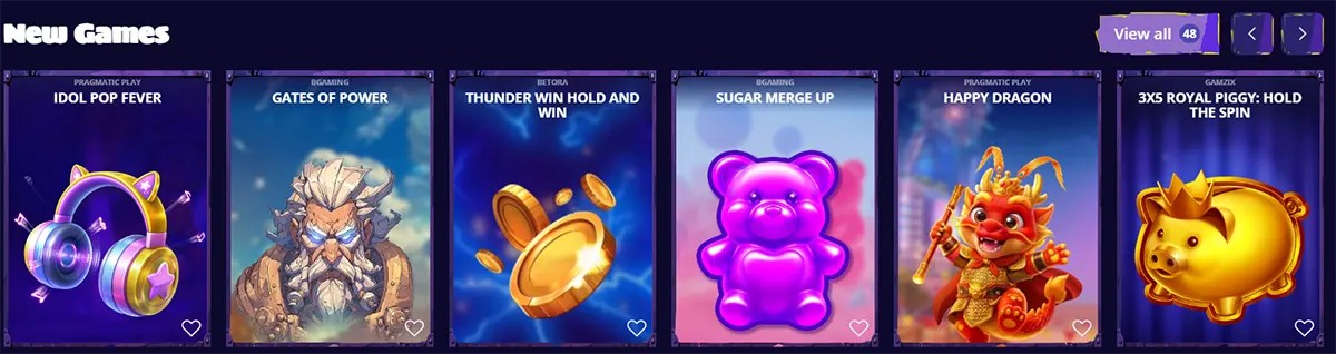 New casino games section featuring Idol Pop Fever, Gates of Power, Thunder Win Hold and Win, Sugar Merge Up, Happy Dragon, and 3x5 Royal Piggy: Hold the Spin on a dark interface.