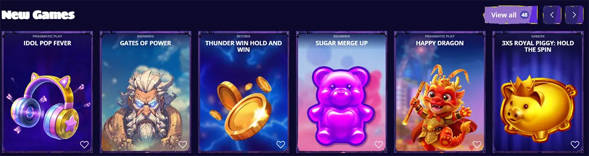 New casino games section featuring Idol Pop Fever, Gates of Power, Thunder Win Hold and Win, Sugar Merge Up, Happy Dragon, and 3x5 Royal Piggy: Hold the Spin on a dark interface.