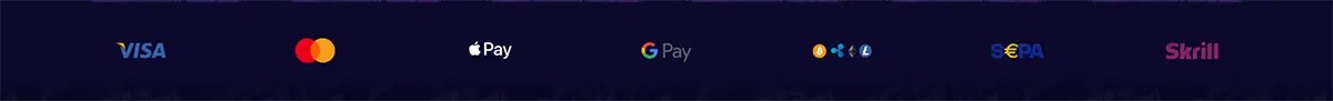 Payment methods banner on a dark blue background featuring Visa, Mastercard, Apple Pay, Google Pay, cryptocurrency, SEPA, and Skrill logos.