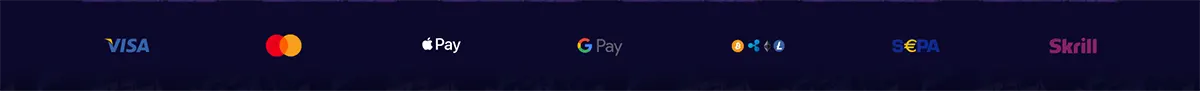 Payment methods banner on a dark blue background featuring Visa, Mastercard, Apple Pay, Google Pay, cryptocurrency, SEPA, and Skrill logos.