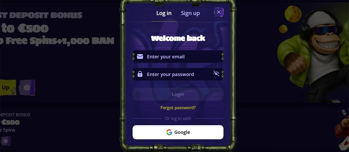 Casino login popup with email and password fields, Google sign-in option, and a “Welcome back” message displayed over a dark bonus page background.