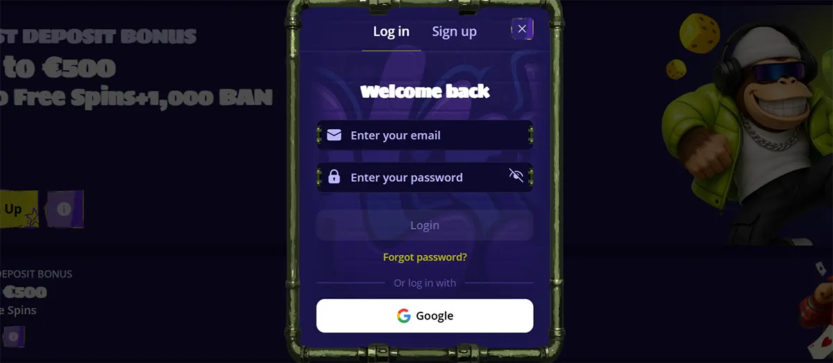 Casino login popup with email and password fields, Google sign-in option, and a “Welcome back” message displayed over a dark bonus page background.